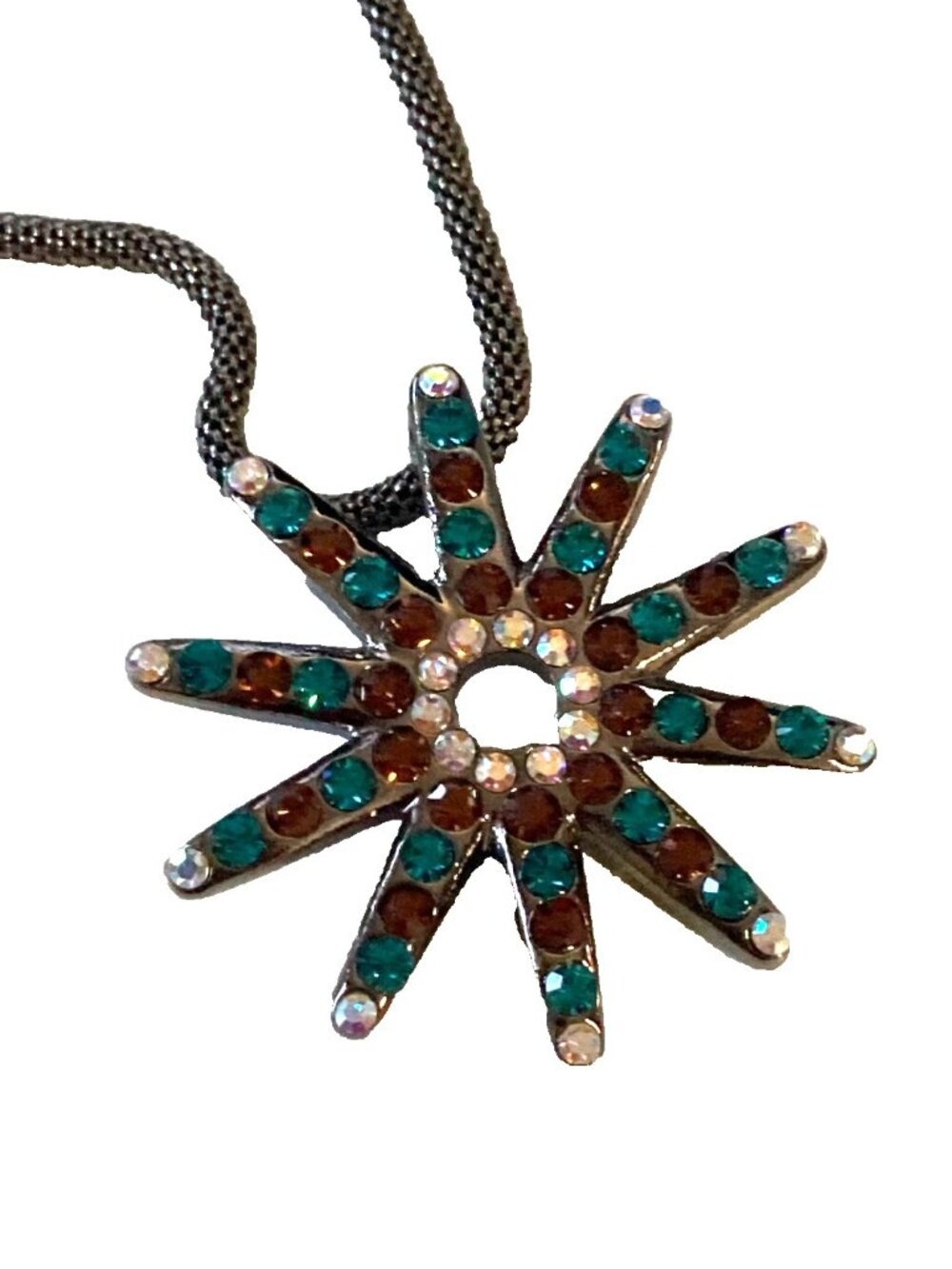 Blue Orange rhinestone Starburst Pendant gun metal tone Necklace